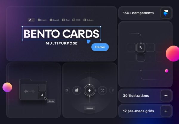 高级网站登录页面APP应用程序设计按钮插图卡片组件Framer素材套件 Bento Cards for Framer