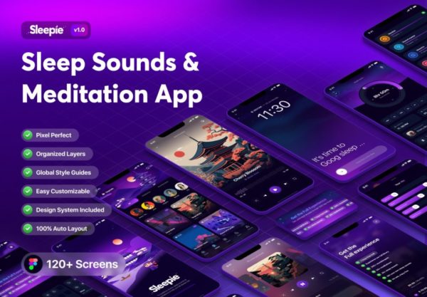 120+屏炫酷暗黑睡眠音乐声音播放器软件APP界面设计Figma模板 Sleepie – Sleep Sounds & Meditation Mobile App
