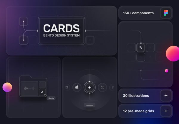 精美质感网站登录页面应用程序设计按钮插图卡片组件Figma素材套件 Bento Cards: Multipurpose