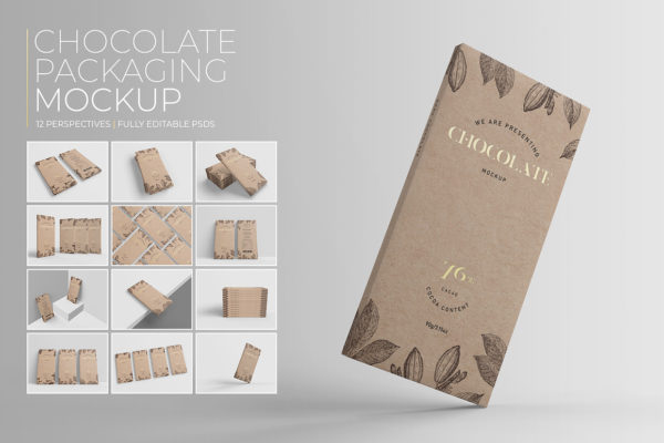 12款逼真巧克力糖果单包装纸盒设计展示效果图PS贴图样机模板素材 Chocolate Packaging Mockup