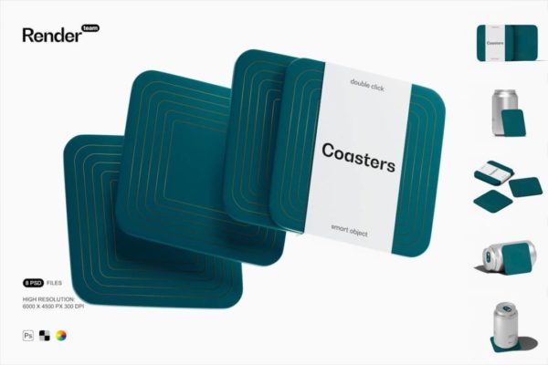 8款逼真方形杯垫LOGO印花图案设计展示效果图PS贴图样机模板素材 Square Coasters Mockup