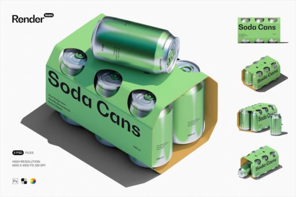 5款时尚听装苏打水啤酒易拉罐包装设计PS展示效果图贴图样机模板 Soda / Beer Packaging Mockup