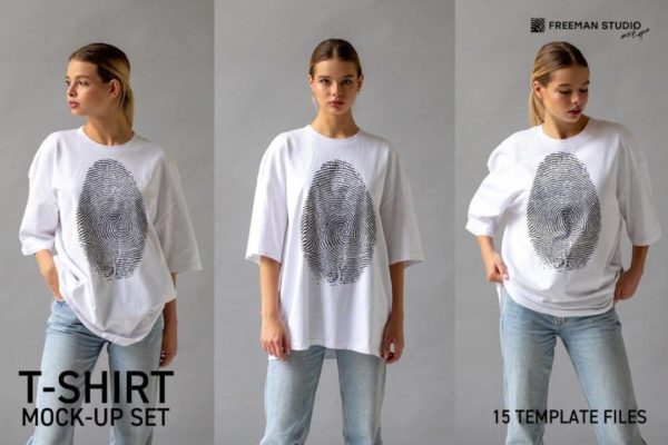 15款超大女性半袖T恤印花图案设计PS展示效果图样机模板素材 T-Shirt Mock-Up Set