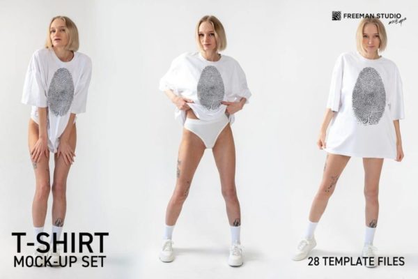 28款时尚超大女士半袖T恤印花图案LOGO设计展示效果图PSD样机模板 Oversized T-Shirt Mock-Up Set