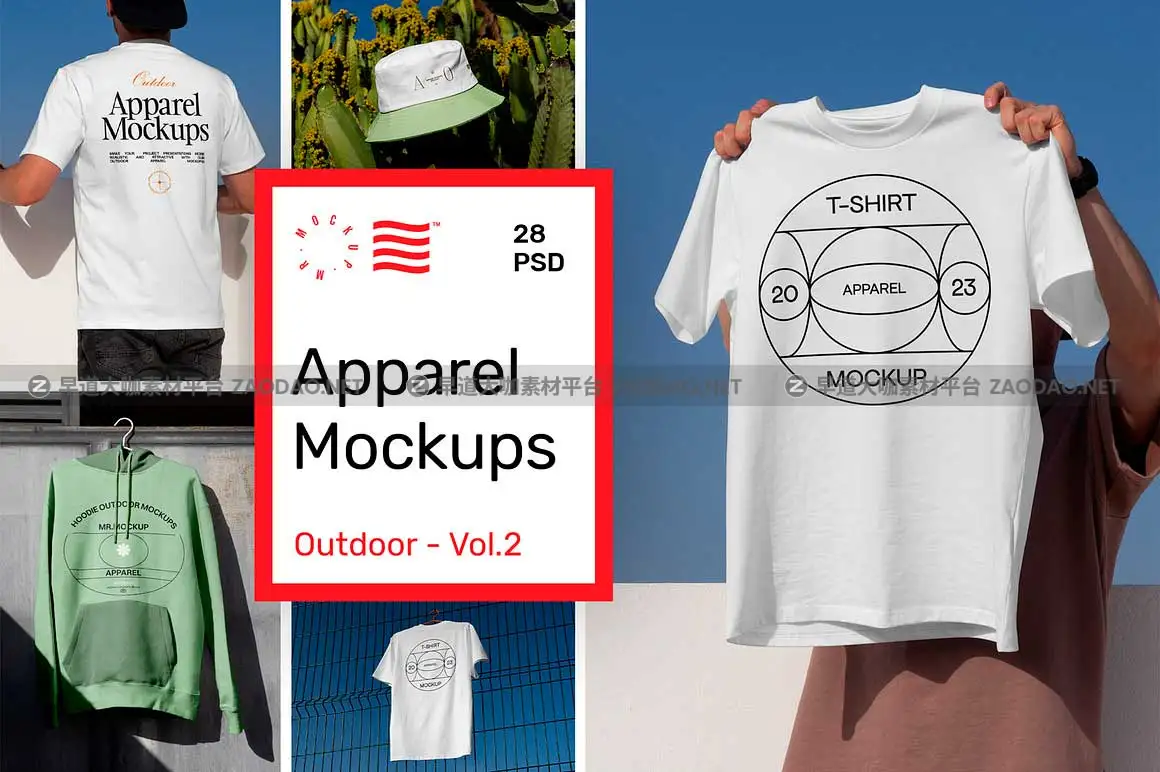 28款高级服装品牌VI设计半袖T恤卫衣帽子吊牌标签展示效果图PS贴图样机模板 Outdoor Apparel Mockups Vol.2插图1