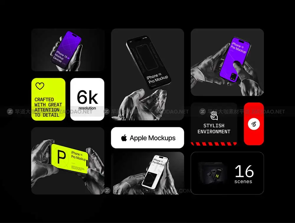 16款暗黑风格戴着手套手持苹果iPhone 15 Pro演示效果图贴图样机Ps/Figma/Sketch模板素材 P-Mockups: iPhone 15 Pro插图1