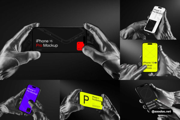 16款暗黑风格戴着手套手持苹果iPhone 15 Pro演示效果图贴图样机Ps/Figma/Sketch模板素材 P-Mockups: iPhone 15 Pro