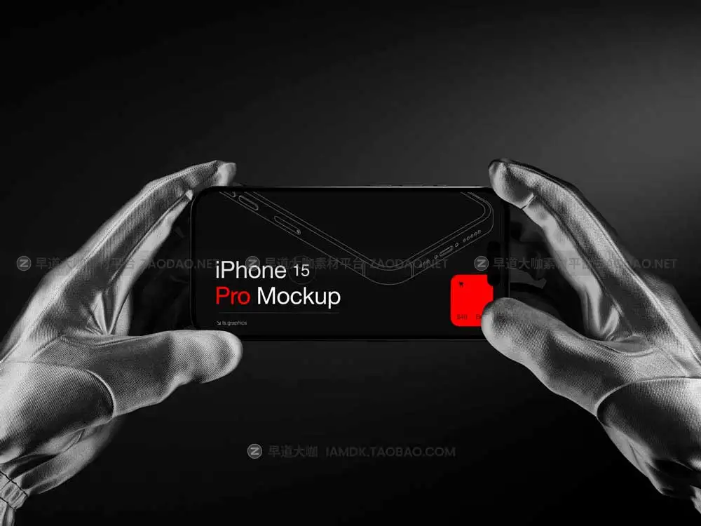 16款暗黑风格戴着手套手持苹果iPhone 15 Pro演示效果图贴图样机Ps/Figma/Sketch模板素材 P-Mockups: iPhone 15 Pro插图16