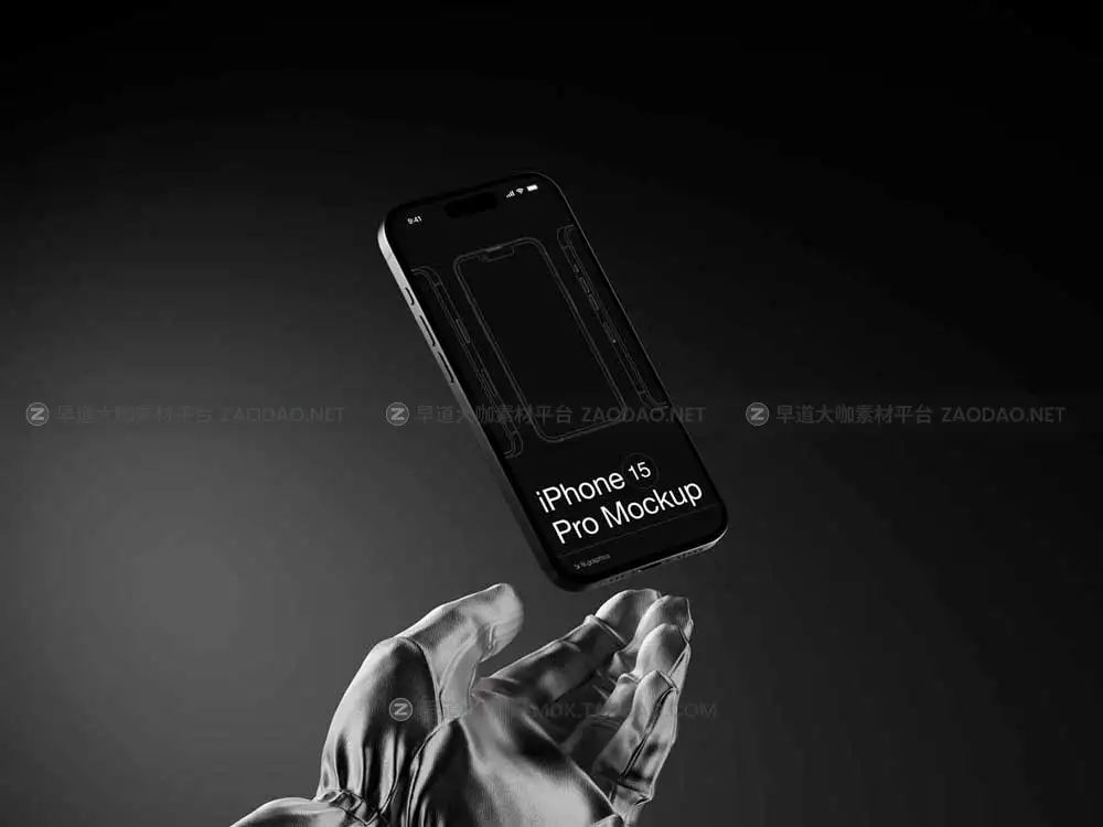 16款暗黑风格戴着手套手持苹果iPhone 15 Pro演示效果图贴图样机Ps/Figma/Sketch模板素材 P-Mockups: iPhone 15 Pro插图13