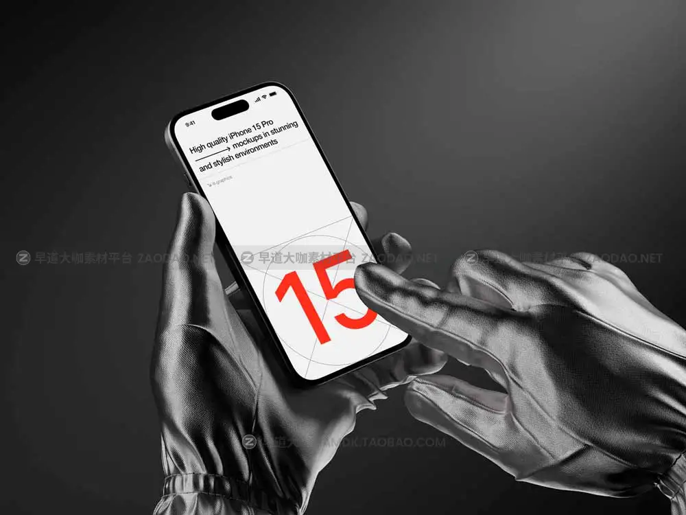 16款暗黑风格戴着手套手持苹果iPhone 15 Pro演示效果图贴图样机Ps/Figma/Sketch模板素材 P-Mockups: iPhone 15 Pro插图8