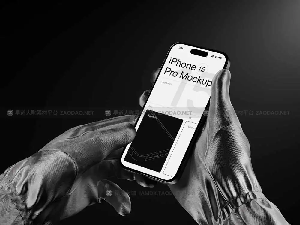 16款暗黑风格戴着手套手持苹果iPhone 15 Pro演示效果图贴图样机Ps/Figma/Sketch模板素材 P-Mockups: iPhone 15 Pro插图4