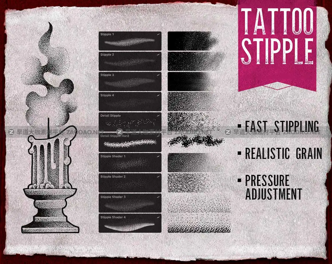 时尚颗粒纹理线条铅笔绘画艺术iPad Procreate笔刷画笔设计素材 Procreate Tattoo Stipple Brushes插图1