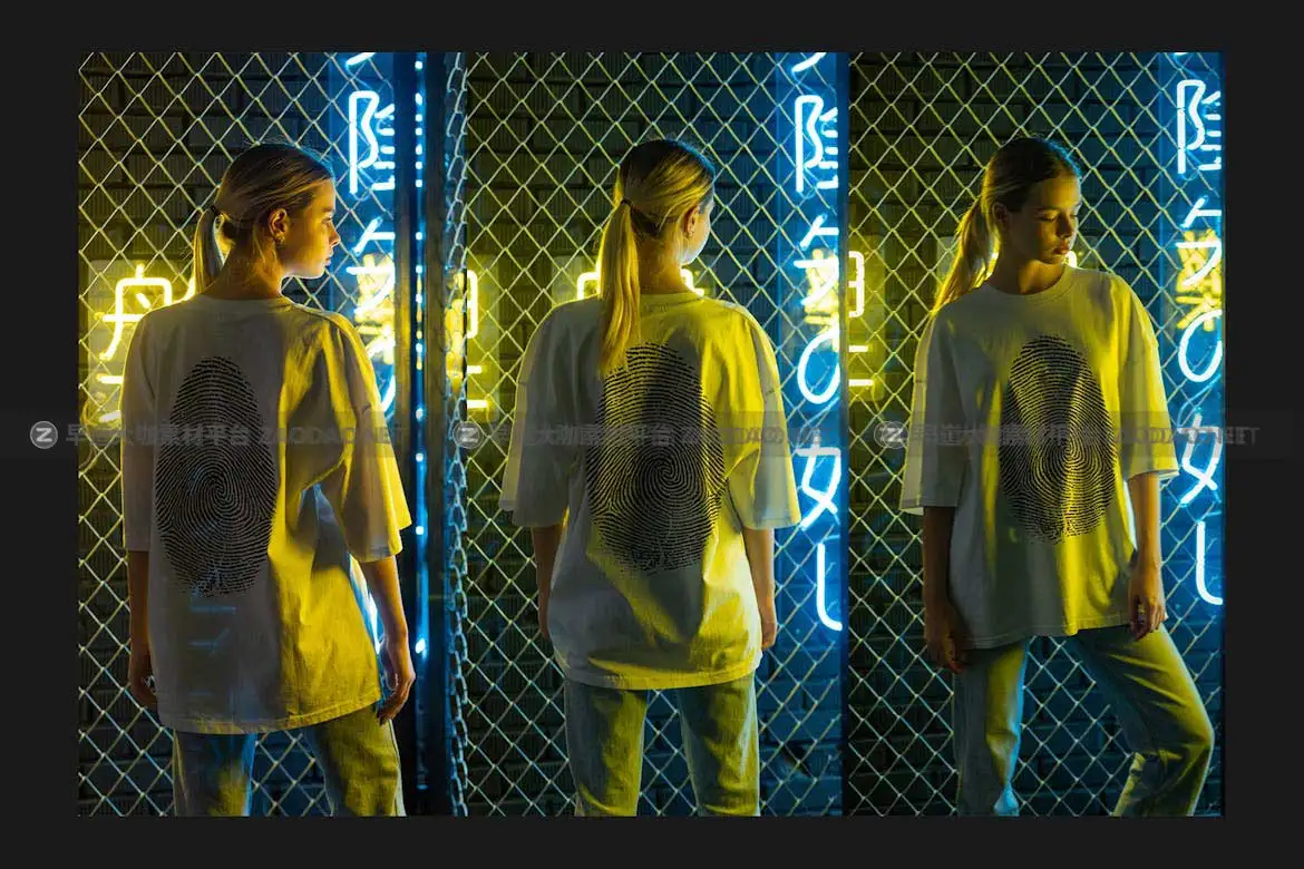 潮流霓虹背景女士超大T恤半袖设计展示效果图PSD分层样机模板素材 T-Shirt Mock-Up Set插图5