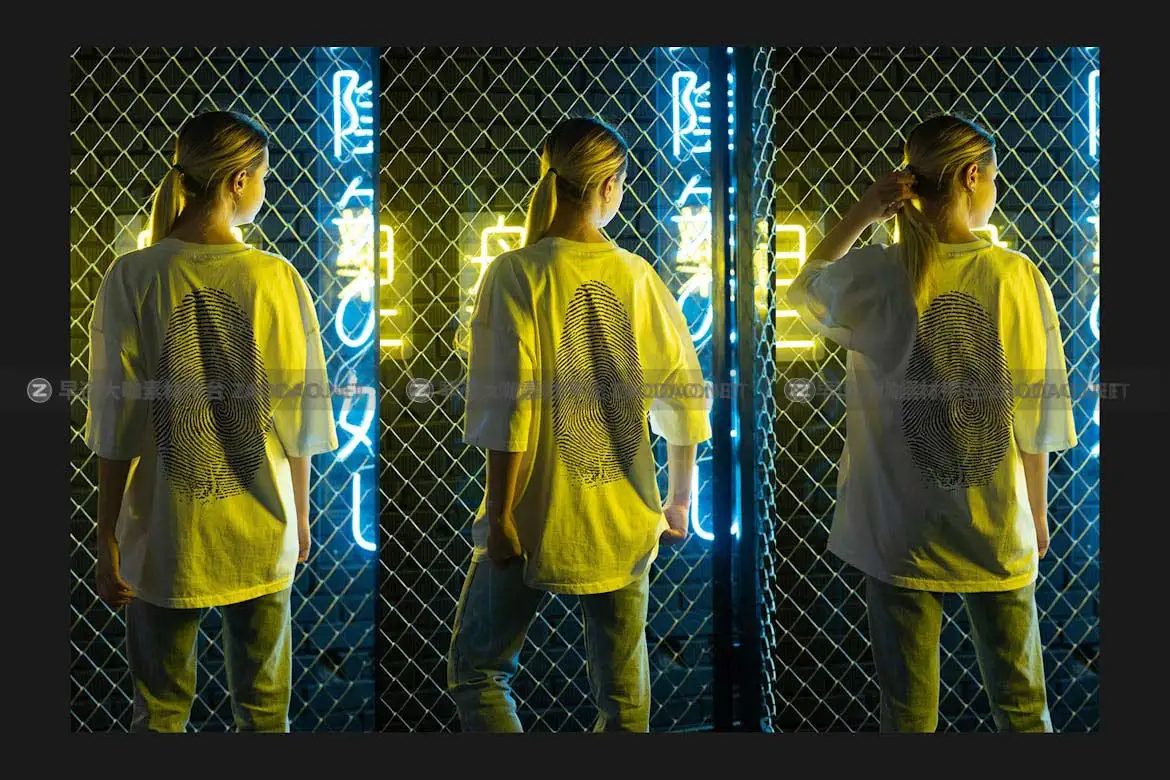 潮流霓虹背景女士超大T恤半袖设计展示效果图PSD分层样机模板素材 T-Shirt Mock-Up Set插图7
