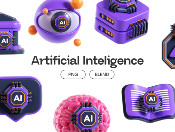 20款高级AI智能大脑芯片科技插图3D图标Icons设计Blender/PNG格式素材 Artificial Inteligence 3D Icons