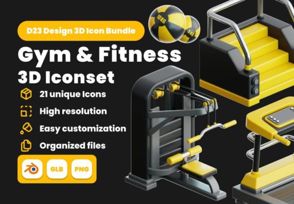 21款创意健身房锻炼器材3D插图图标Icons设计Blender/PNG格式素材 Gym & Fitness 3D Illustration Pack