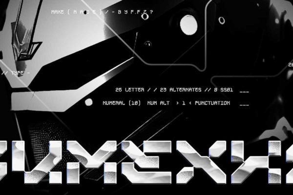 未来科幻机甲赛博朋克风视觉冲击海报标题LOGO设计PSAI英文字体安装包 Yumexha Font
