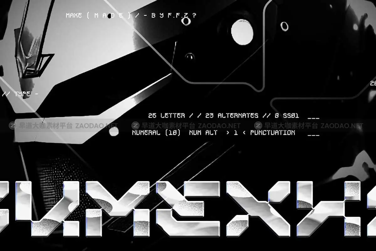 未来科幻机甲赛博朋克风视觉冲击海报标题LOGO设计PSAI英文字体安装包 Yumexha Font插图