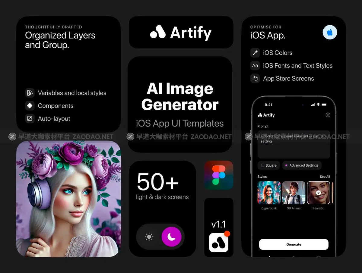 50+屏双配色AI智能图像生成器iOS APP应用程序UI界面设计Figma模板套件 Artify – AI Image Generator iOS UI Kit插图1