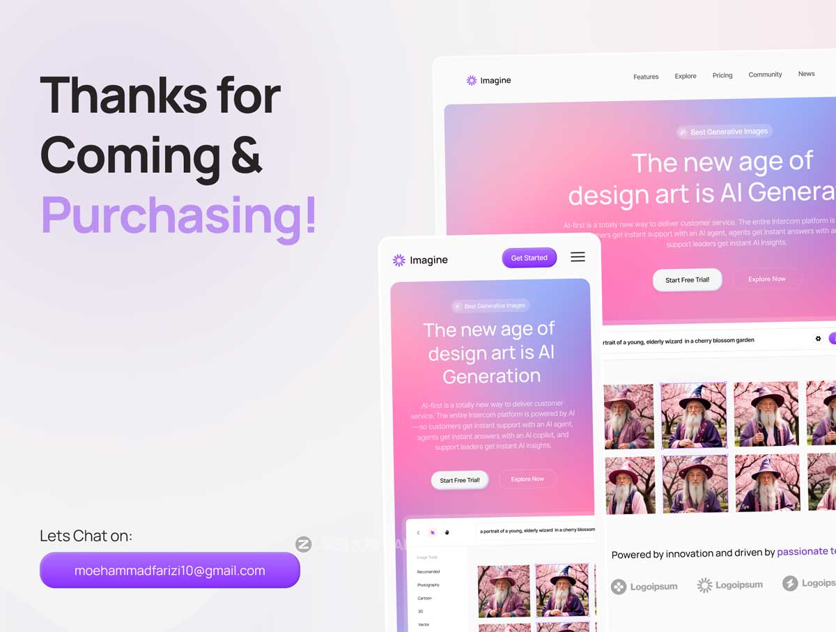 24+屏终极AI人工智能图像图片生成器网站WEB登录界面设计Figma模板素材 Imagine – AI Image Generator Website Template插图1 24+屏终极AI人工智能图像图片生成器网站WEB登录界面设计Figma模板素材 Imagine – AI Image Generator Website Template插图1