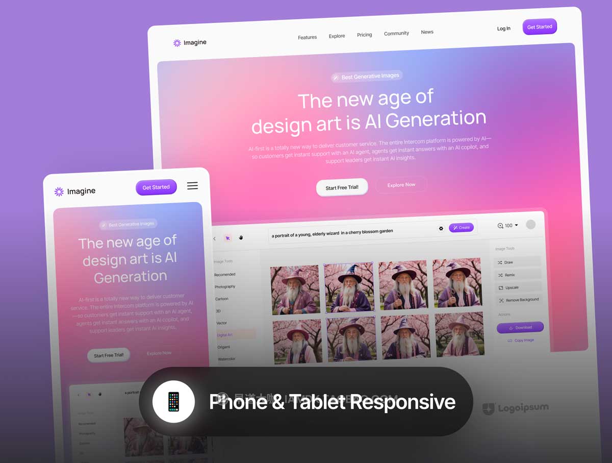 24+屏终极AI人工智能图像图片生成器网站WEB登录界面设计Figma模板素材 Imagine – AI Image Generator Website Template插图3 24+屏终极AI人工智能图像图片生成器网站WEB登录界面设计Figma模板素材 Imagine – AI Image Generator Website Template插图3