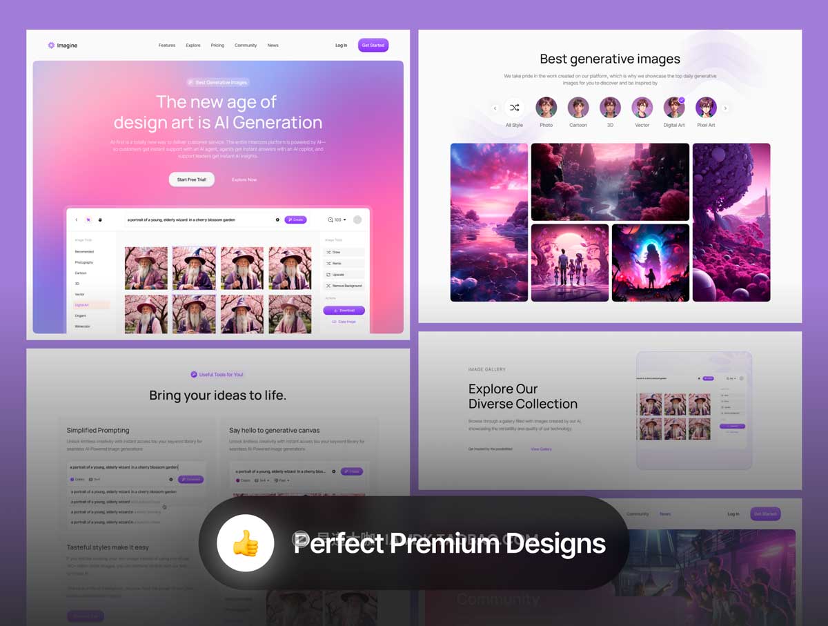 24+屏终极AI人工智能图像图片生成器网站WEB登录界面设计Figma模板素材 Imagine – AI Image Generator Website Template插图4 24+屏终极AI人工智能图像图片生成器网站WEB登录界面设计Figma模板素材 Imagine – AI Image Generator Website Template插图4