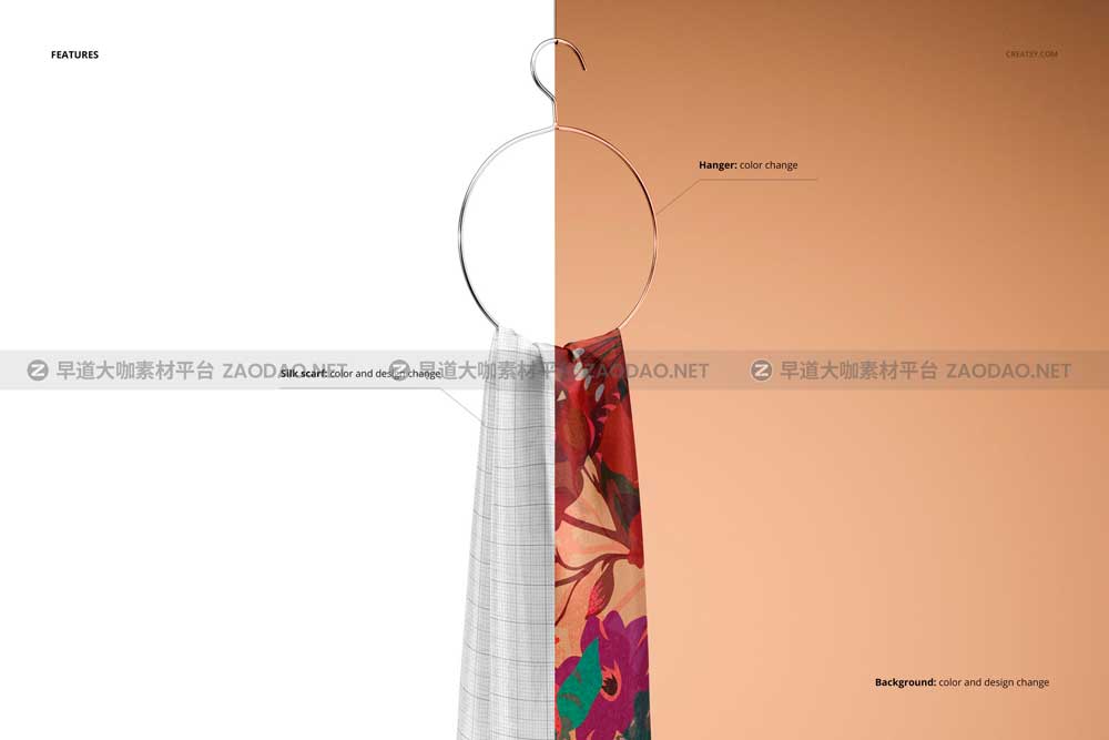 逼真真丝丝绸纱巾围巾印花图案设计展示效果图PS贴图样机模板素材 Habotai Silk Scarf on Hanger Mockup Generator插图2