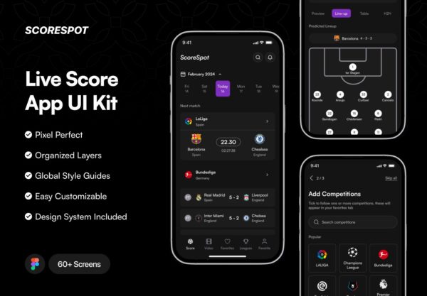 60+屏暗黑风格体育运动赛事篮球足球比分直播APP应用程序UI界面设计Figma模板套件 SCORESPOT – Live Score UI Kit