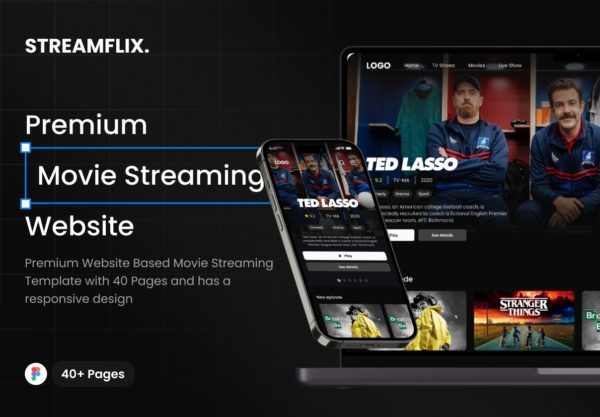 40+屏暗黑风格流媒体电影电视剧网站登录界面WEB设计Figma模板套件 Stream Flix Play – Movie Streaming Premium UI KIT