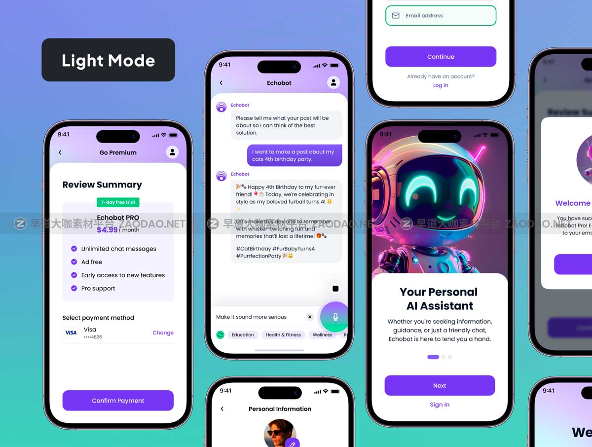 150屏双配色AI智能聊天机器人APP应用程序UI界面设计Figma模板 UI KIT – Mobile AI Chat bot插图5