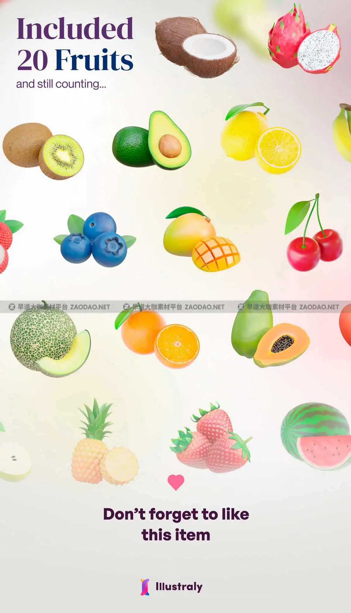 20款独特水果3D三维插画插图Icons图标Blender/OBJ/PNG格式设计素材 Fruity – Fruit 3D Icon Set插图9