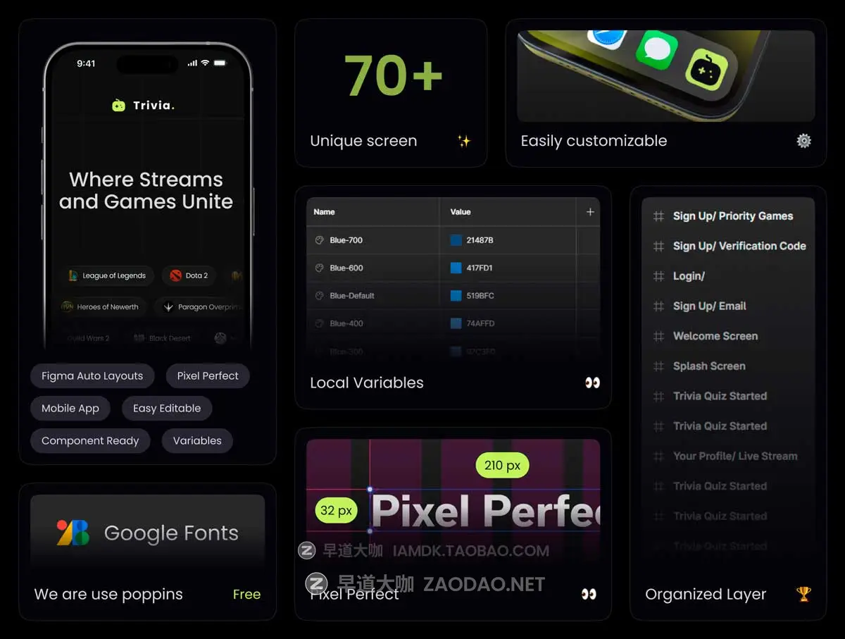 70+屏暗黑风游戏直播短视频流媒体社交APP UI界面设计Figma模板套件素材 Streaming & Quiz Platform For Gamers – Trivia插图2 70+屏暗黑风游戏直播短视频流媒体社交APP UI界面设计Figma模板套件素材 Streaming & Quiz Platform For Gamers – Trivia插图2