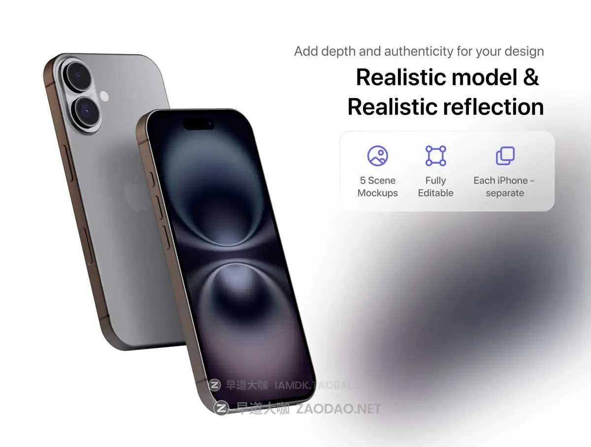 10款时尚苹果iPhone 16手机APP UI界面设计展示效果图Ps贴图样机模板 iPhone 16 Mockup – 10 Mockups Scenes插图2 10款时尚苹果iPhone 16手机APP UI界面设计展示效果图Ps贴图样机模板 iPhone 16 Mockup – 10 Mockups Scenes插图2