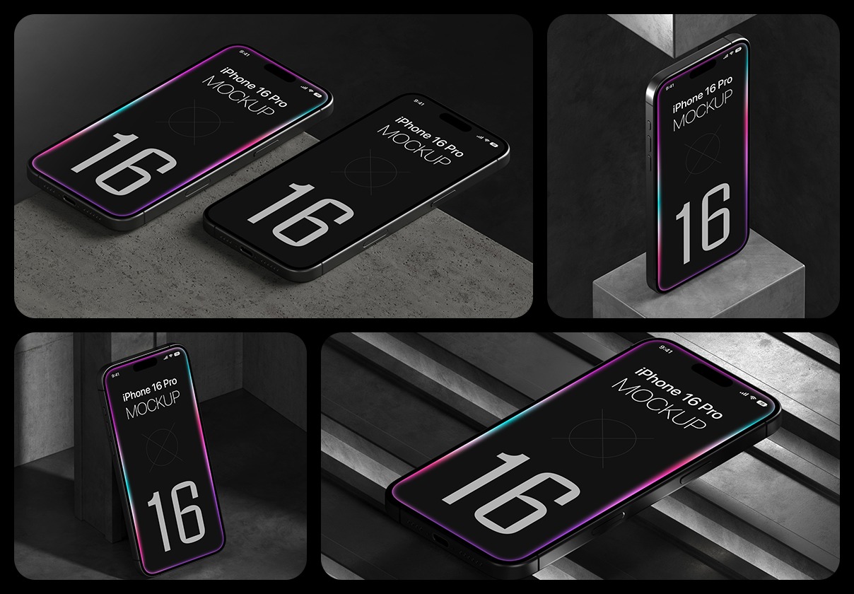20款工业风APP UI界面设计苹果iPhone 16 Pro屏幕演示效果图PS贴图样机模板 20 iPhone 16 Pro Mockups Vol.01插图