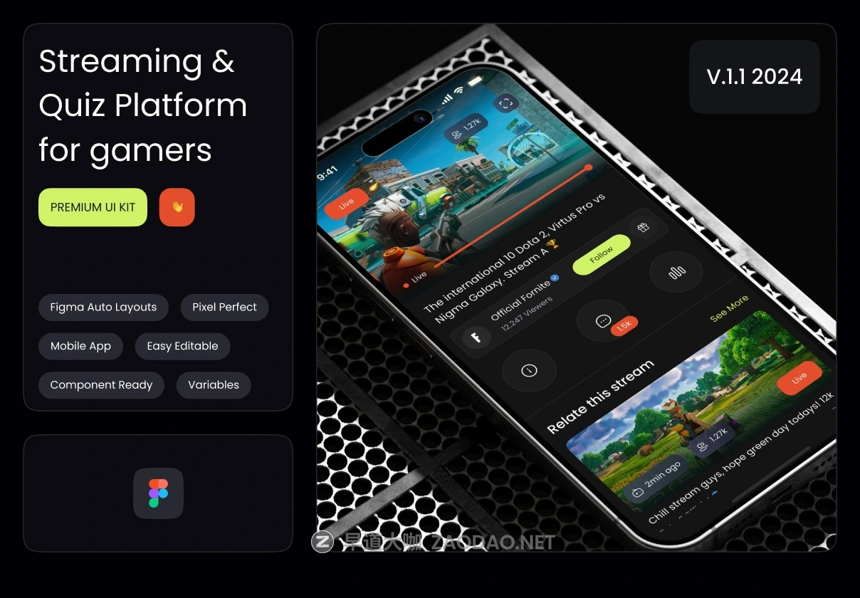 70+屏暗黑风游戏直播短视频流媒体社交APP UI界面设计Figma模板套件素材 Streaming & Quiz Platform For Gamers – Trivia插图 70+屏暗黑风游戏直播短视频流媒体社交APP UI界面设计Figma模板套件素材 Streaming & Quiz Platform For Gamers – Trivia插图
