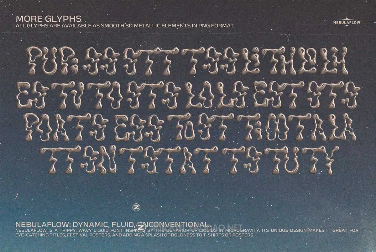 迷幻波浪液体流体扭曲Y2K酸性抽象艺术海报T恤服装标题LOGO设计PSAI英文字体安装包 The Nebula Flow Font – Chrome Typeface插图9 迷幻波浪液体流体扭曲Y2K酸性抽象艺术海报T恤服装标题LOGO设计PSAI英文字体安装包 The Nebula Flow Font – Chrome Typeface插图9