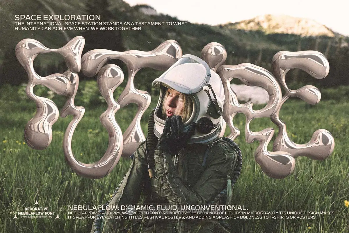 迷幻波浪液体流体扭曲Y2K酸性抽象艺术海报T恤服装标题LOGO设计PSAI英文字体安装包 The Nebula Flow Font – Chrome Typeface插图 迷幻波浪液体流体扭曲Y2K酸性抽象艺术海报T恤服装标题LOGO设计PSAI英文字体安装包 The Nebula Flow Font – Chrome Typeface插图