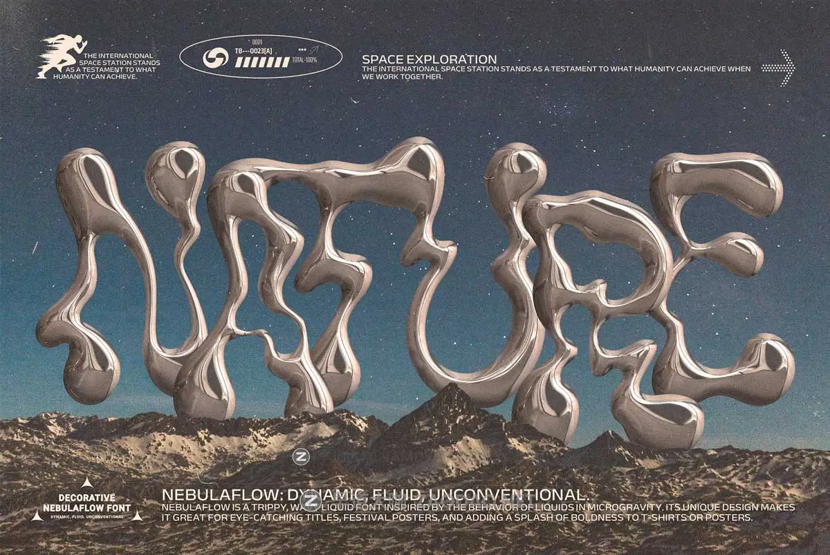 迷幻波浪液体流体扭曲Y2K酸性抽象艺术海报T恤服装标题LOGO设计PSAI英文字体安装包 The Nebula Flow Font – Chrome Typeface插图4 迷幻波浪液体流体扭曲Y2K酸性抽象艺术海报T恤服装标题LOGO设计PSAI英文字体安装包 The Nebula Flow Font – Chrome Typeface插图4