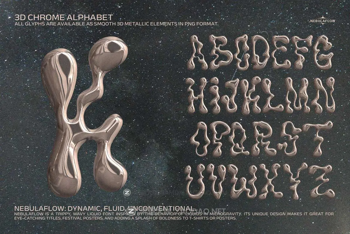 迷幻波浪液体流体扭曲Y2K酸性抽象艺术海报T恤服装标题LOGO设计PSAI英文字体安装包 The Nebula Flow Font – Chrome Typeface插图7 迷幻波浪液体流体扭曲Y2K酸性抽象艺术海报T恤服装标题LOGO设计PSAI英文字体安装包 The Nebula Flow Font – Chrome Typeface插图7