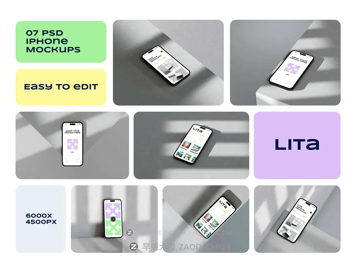 7款时尚工业风苹果iPhone 15 Pro屏幕演示效果图Ps贴图样机模板素材 Lita iPhone Mockups插图1 7款时尚工业风苹果iPhone 15 Pro屏幕演示效果图Ps贴图样机模板素材 Lita iPhone Mockups插图1