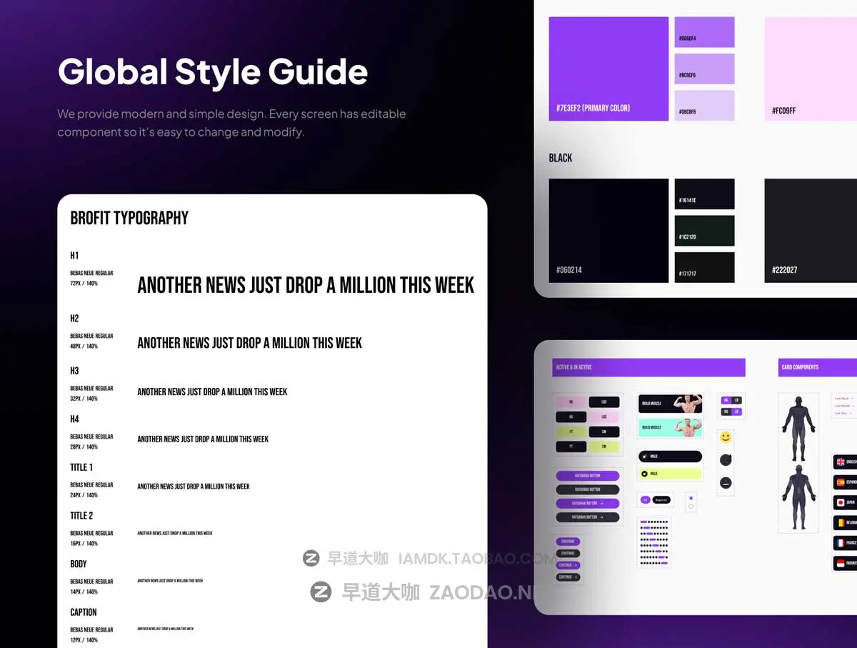 20+屏暗黑风格锻炼健身减肥APP应用程序UI界面设计Figma模板套件 BROFIT – Fitness App UI Kit插图3 20+屏暗黑风格锻炼健身减肥APP应用程序UI界面设计Figma模板套件 BROFIT – Fitness App UI Kit插图3