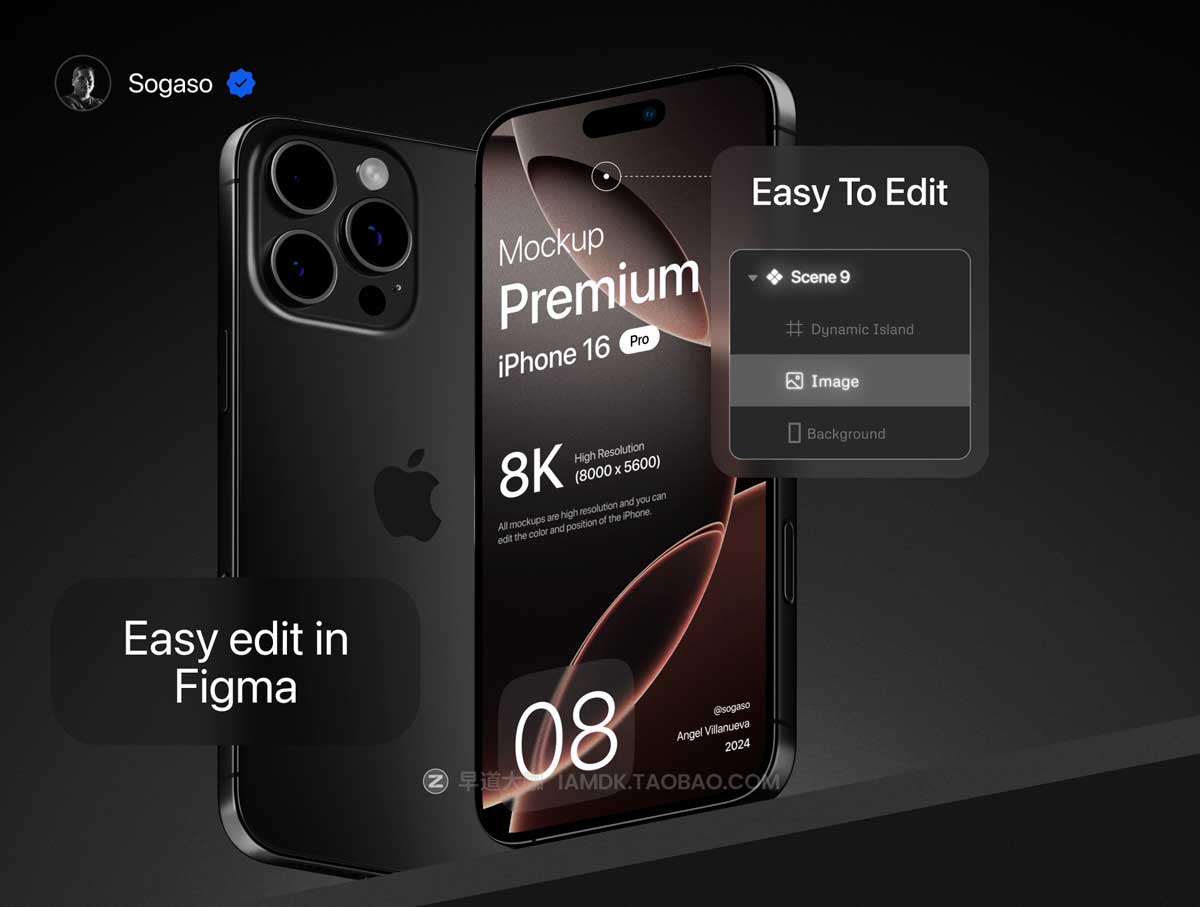 10款高级黑化风苹果iPhone 16 Pro屏幕演示效果图Ps/Figma贴图样机模板素材 Premium iPhone 16 Pro Black Titanium Mockup插图6