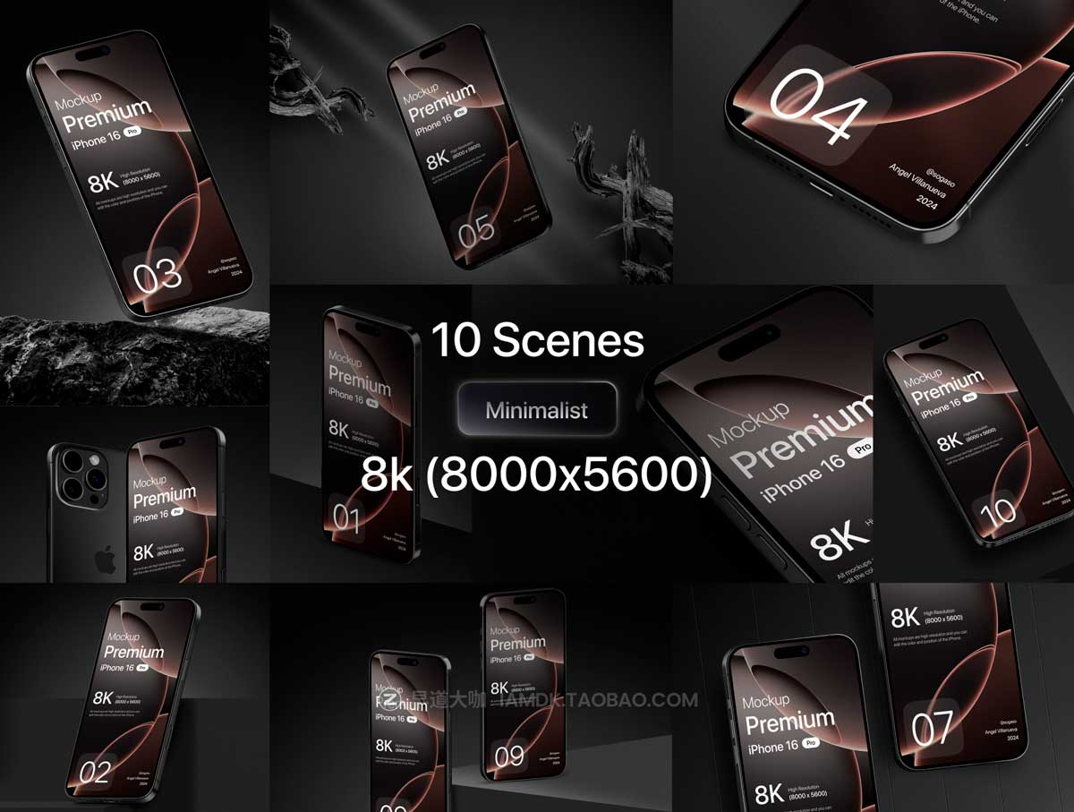 10款高级黑化风苹果iPhone 16 Pro屏幕演示效果图Ps/Figma贴图样机模板素材 Premium iPhone 16 Pro Black Titanium Mockup插图2