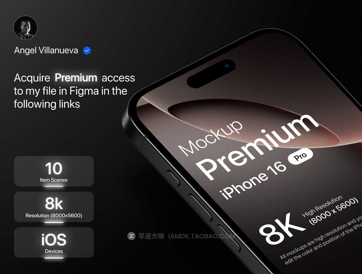 10款高级黑化风苹果iPhone 16 Pro屏幕演示效果图Ps/Figma贴图样机模板素材 Premium iPhone 16 Pro Black Titanium Mockup插图1