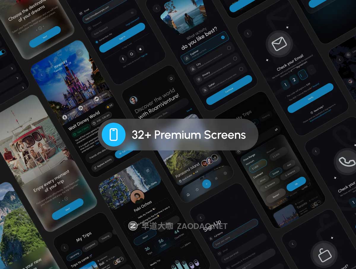 32屏旅行旅游冒险探险APP软件UI界面设计Figma模板源文件素材 RoamVenture – Travel App & Landing Page插图1