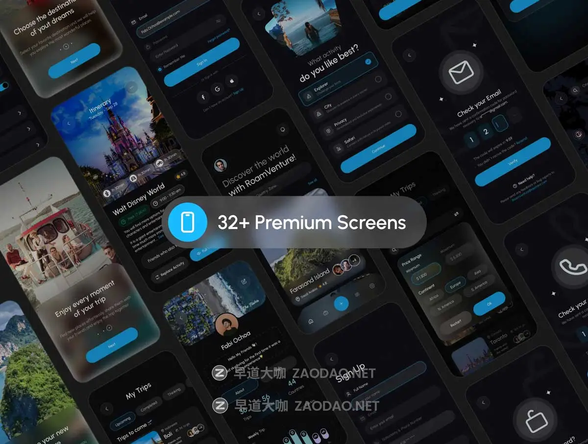 32屏旅行旅游冒险探险APP软件UI界面设计Figma模板源文件素材 RoamVenture – Travel App & Landing Page插图1 32屏旅行旅游冒险探险APP软件UI界面设计Figma模板源文件素材 RoamVenture – Travel App & Landing Page插图1