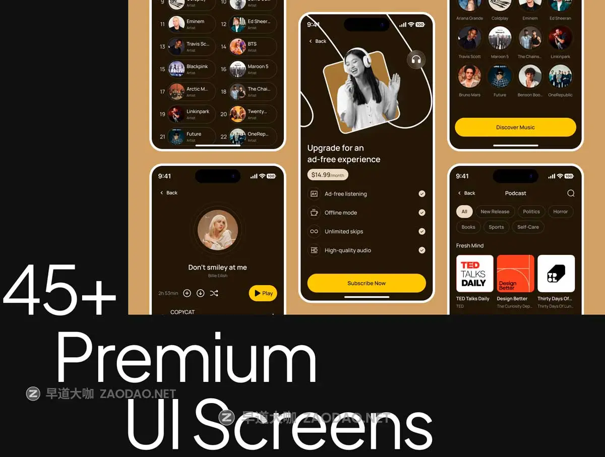 45屏双配色高级音乐播放器软件APP UI界面设计Figma模板套件素材 Music Player Mobile App UI Kit插图3 45屏双配色高级音乐播放器软件APP UI界面设计Figma模板套件素材 Music Player Mobile App UI Kit插图3