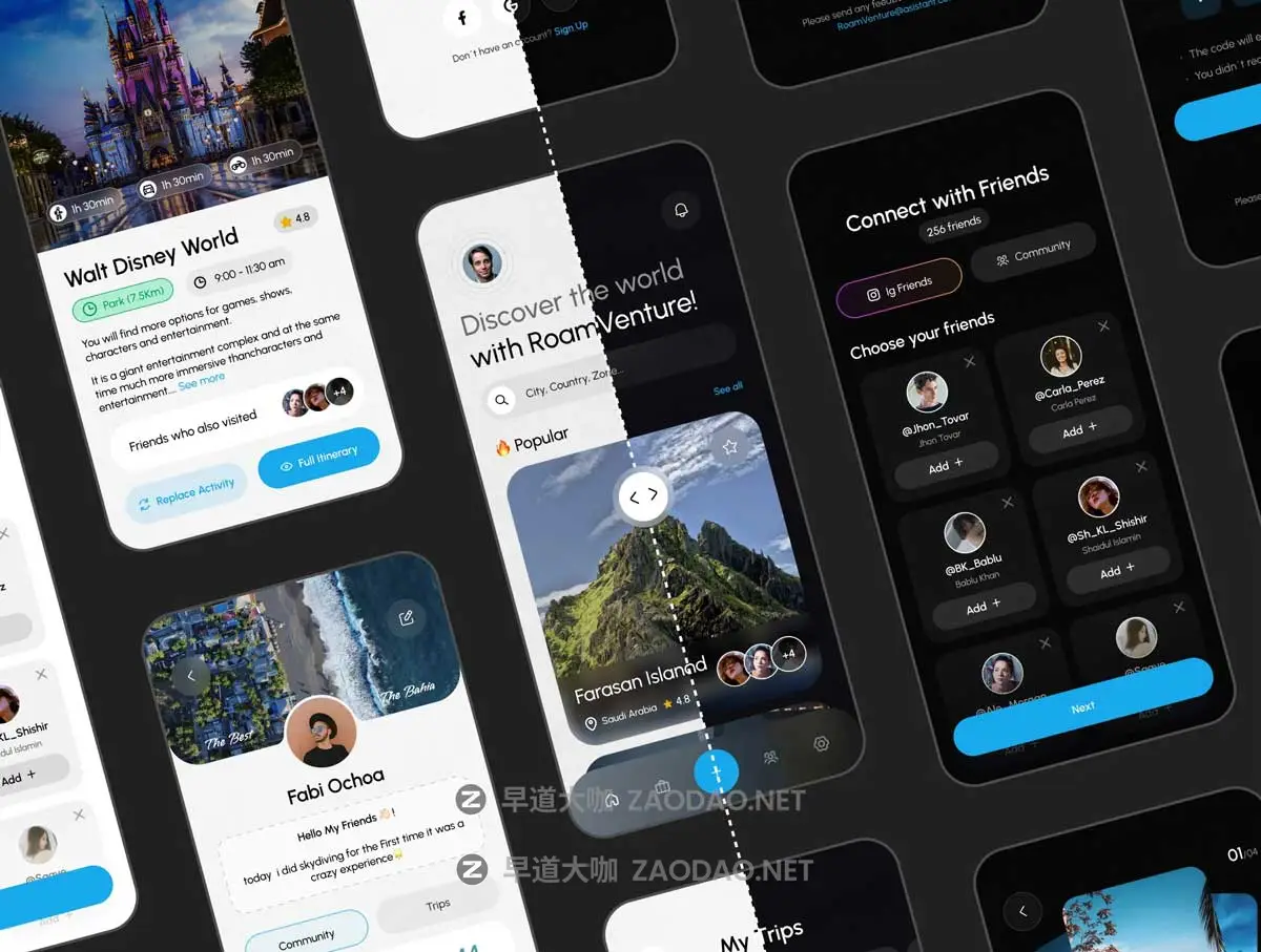 32屏旅行旅游冒险探险APP软件UI界面设计Figma模板源文件素材 RoamVenture – Travel App & Landing Page插图3 32屏旅行旅游冒险探险APP软件UI界面设计Figma模板源文件素材 RoamVenture – Travel App & Landing Page插图3