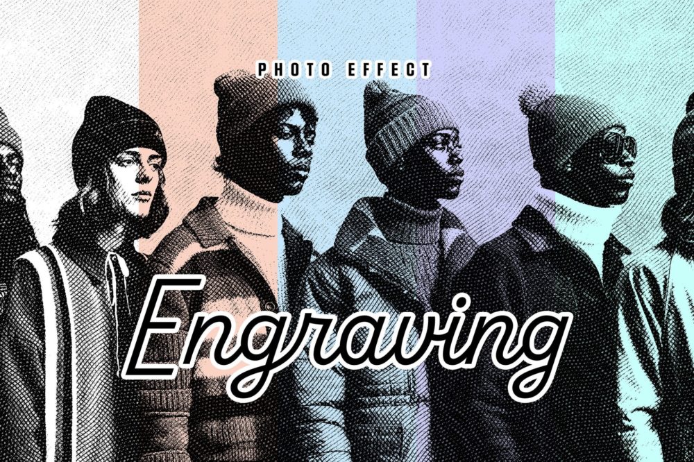 复古老式Riso凸版印刷半色调照片效果PS特效滤镜样机 Engraving Studio Hatching Effect插图