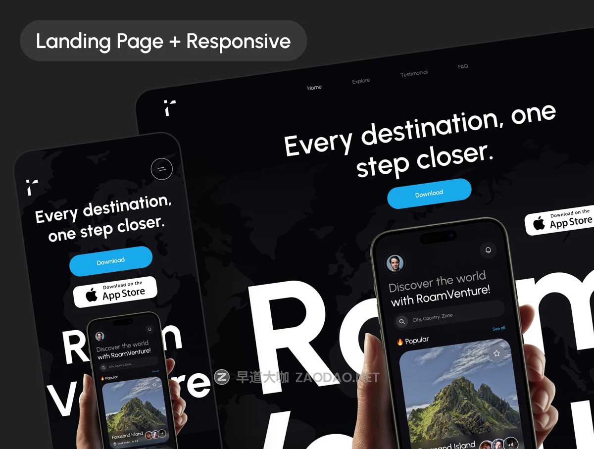 32屏旅行旅游冒险探险APP软件UI界面设计Figma模板源文件素材 RoamVenture – Travel App & Landing Page插图6